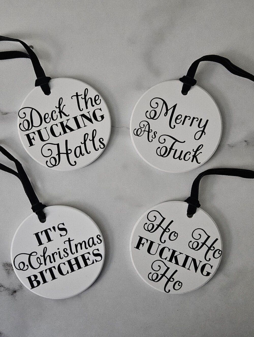 Snarky & Inappropriate Ceramic 3" Black & White Christmas Ornaments (Pack of 4)